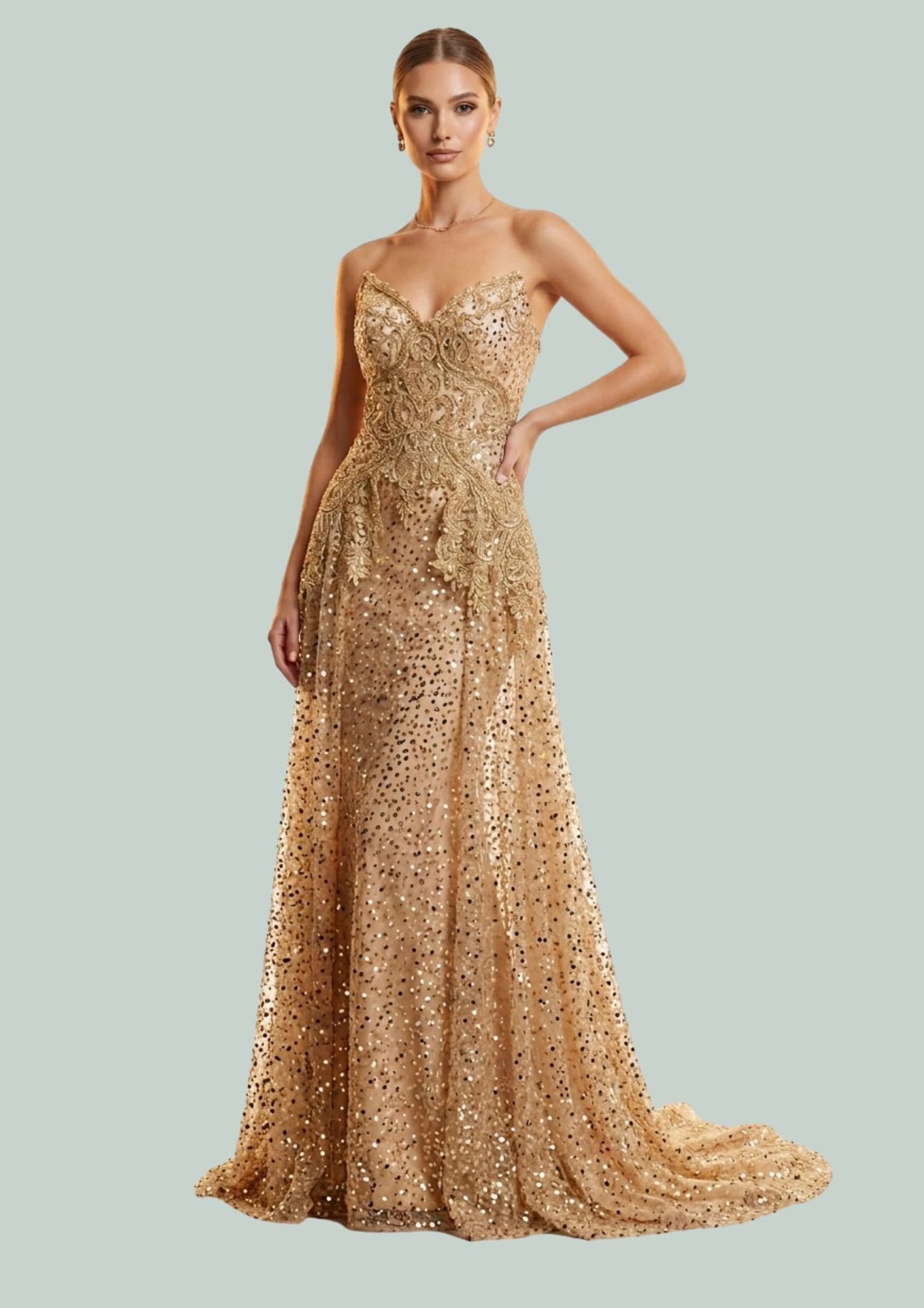 Richie Ortega Sweetheart Neckline Beaded Gown