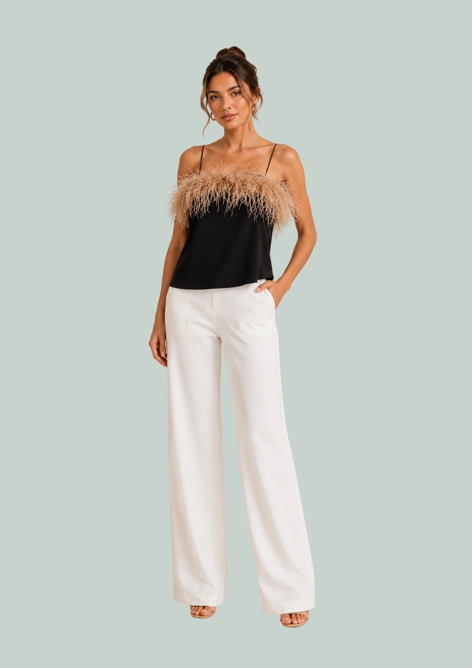 Patty Ang Black Top With Beige Feathers